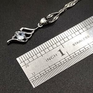 925 Silver Teardrop Swirl CZ Diamond Necklace Valentine's Birthday Vtg Boho Gift